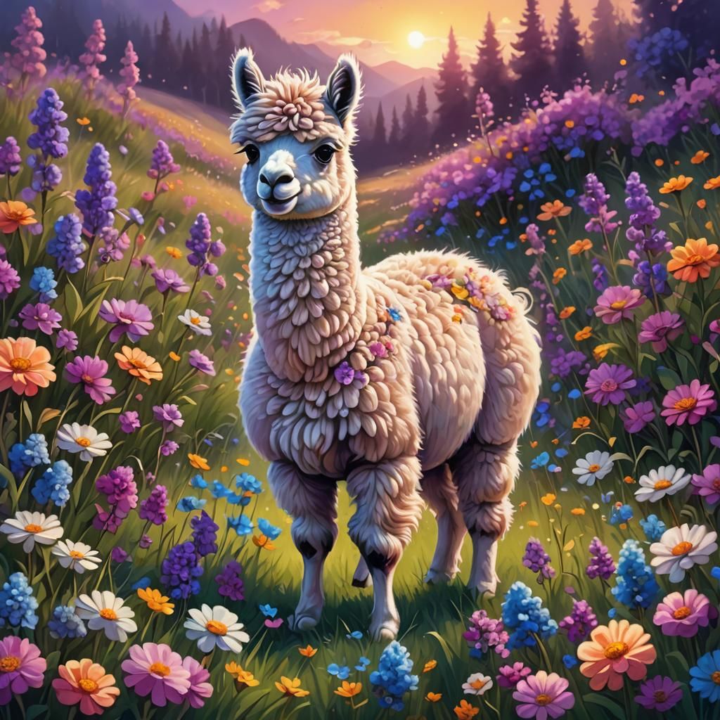 Glowing Alpaca in Flower Meadow, Digital Painting