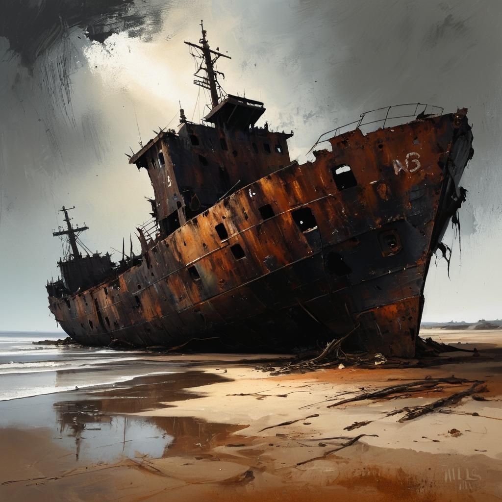 Wrecked Ship on Barren Beach in Abstract Expressionism