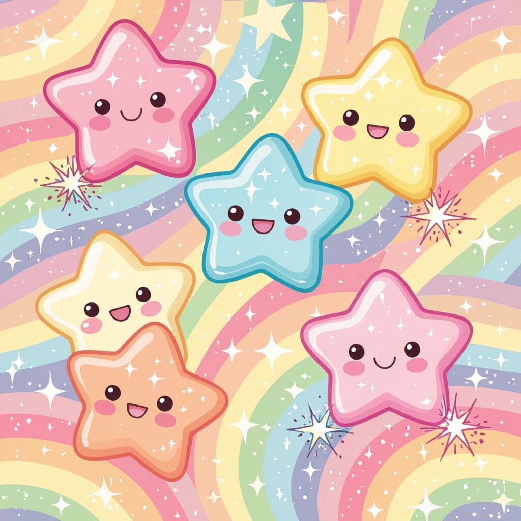 Pastel Kawaii Jelly Stars on Rainbow Background