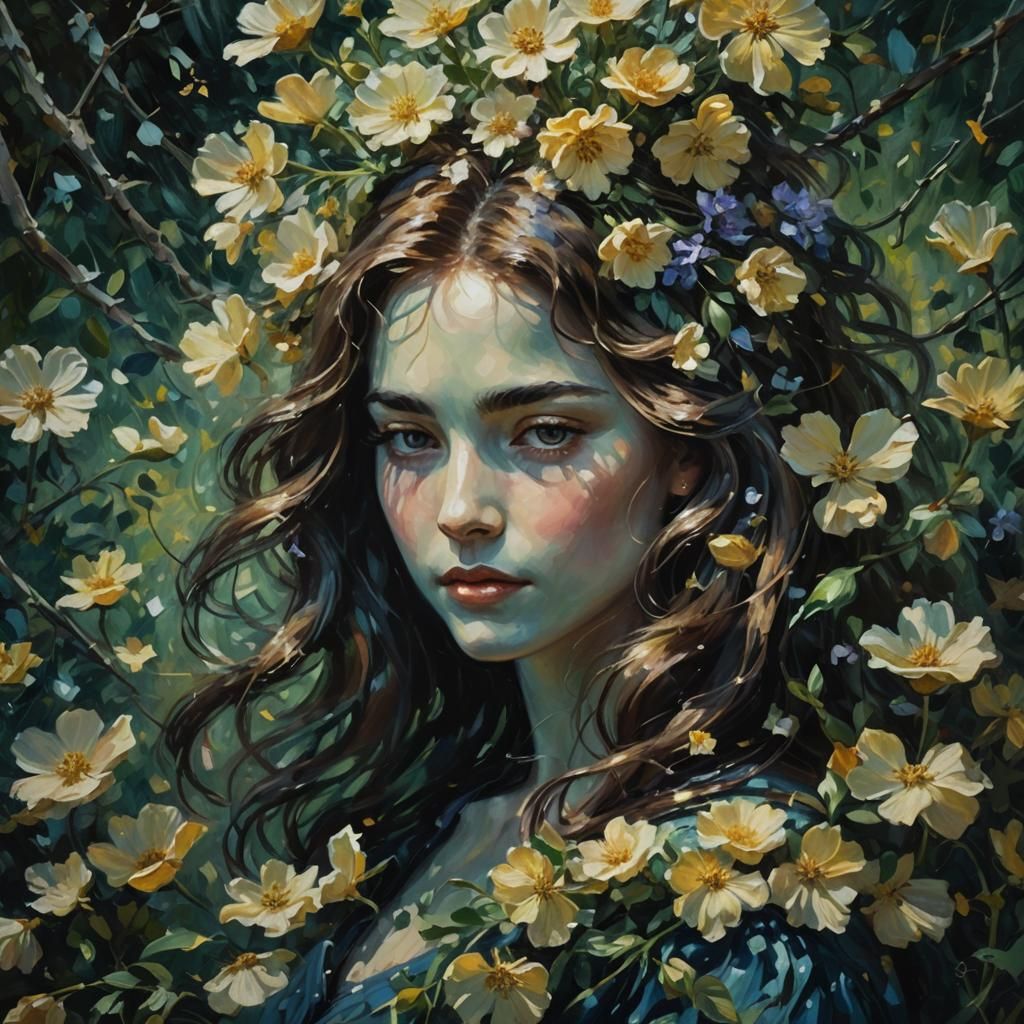 Blooming Woman in Lush Garden: Impressionism Oil Painting