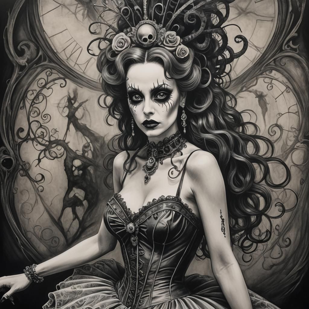 Burlesque Horror: A Tim Burton Charcoal Drawing