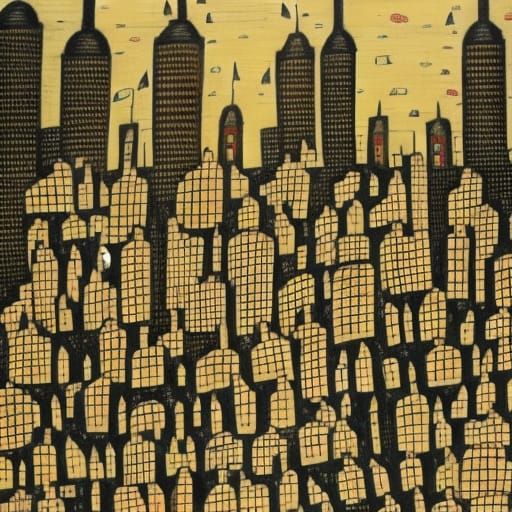 Naive Art Pencil Drawing of Downtown New York