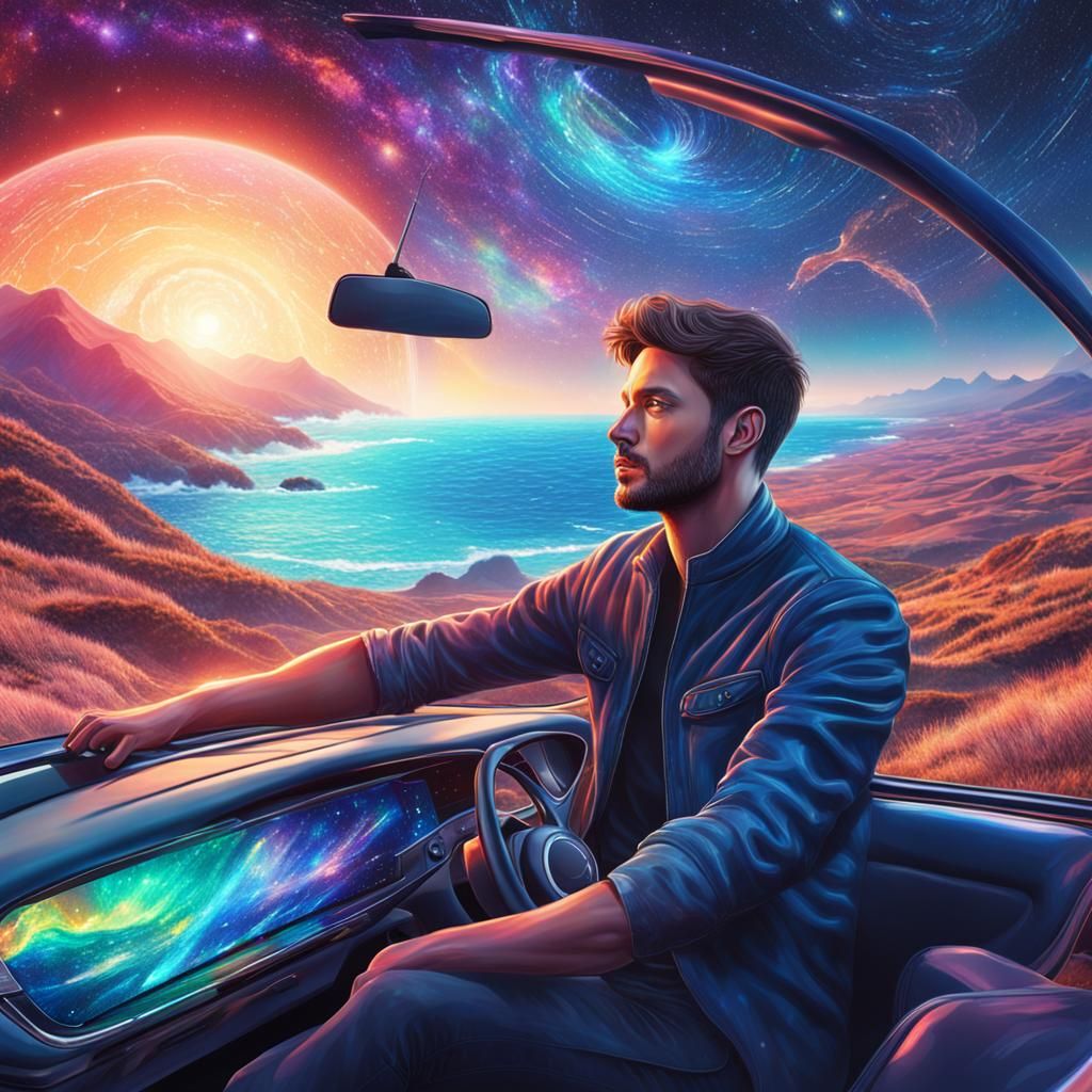 Man Driving on Coast in Astral Illustration
