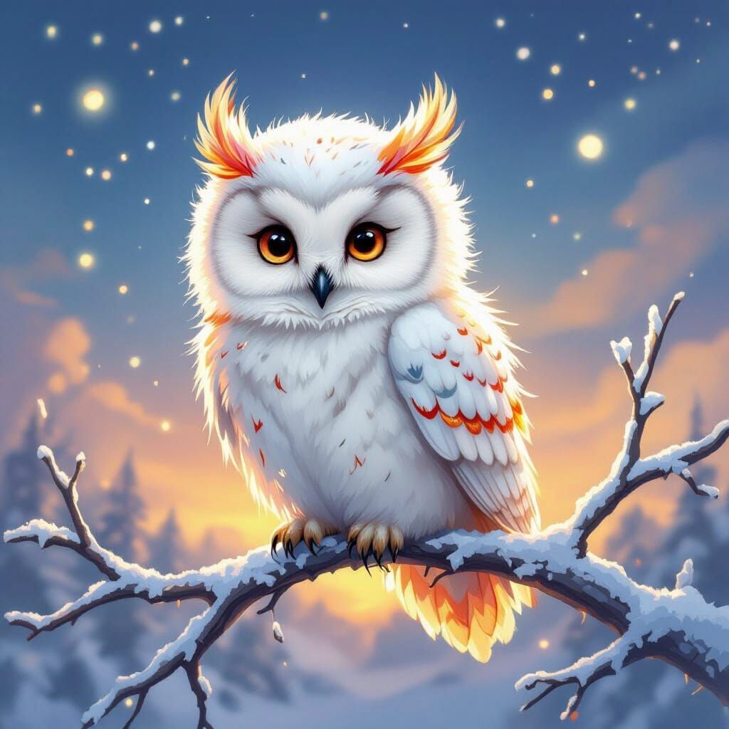 Baby Snowy Owl with Phoenix Feathers in Twilight