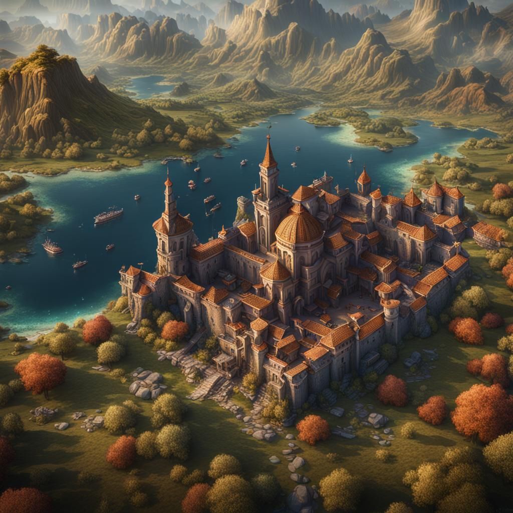 Fantastical Birds-Eye View of Eldoria: 8k Concept Art