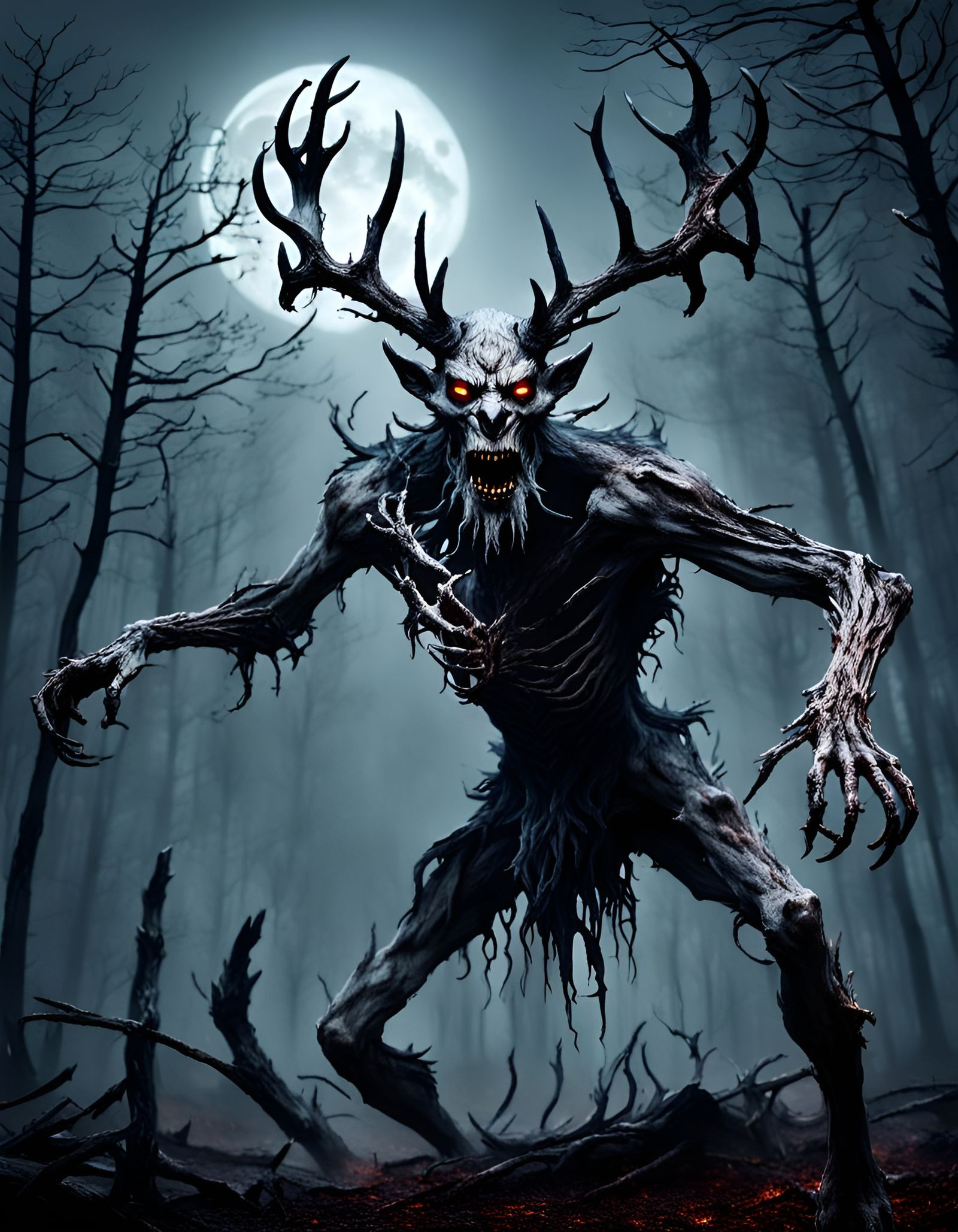Sinister Wendigo in Burnt Forest Under Moonlight