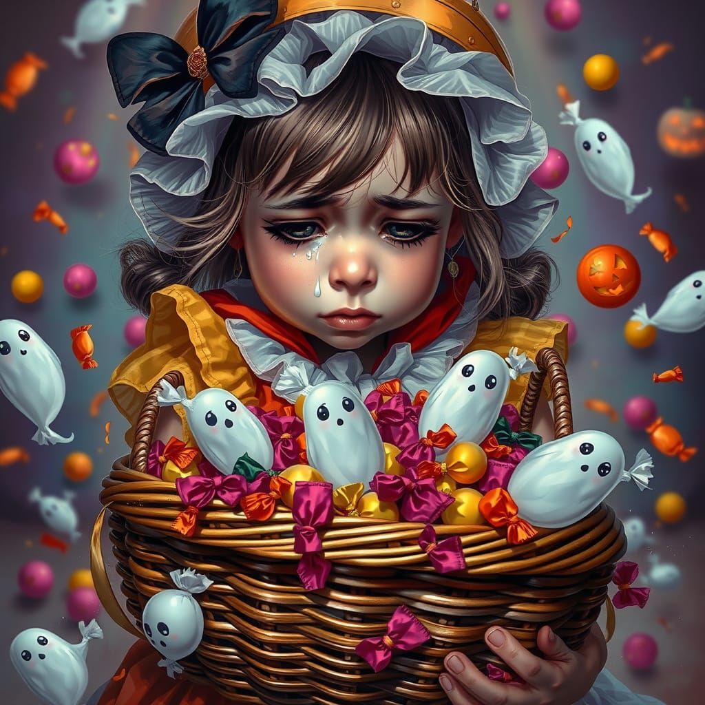 Distraught Girl With Flying Ghost Candies