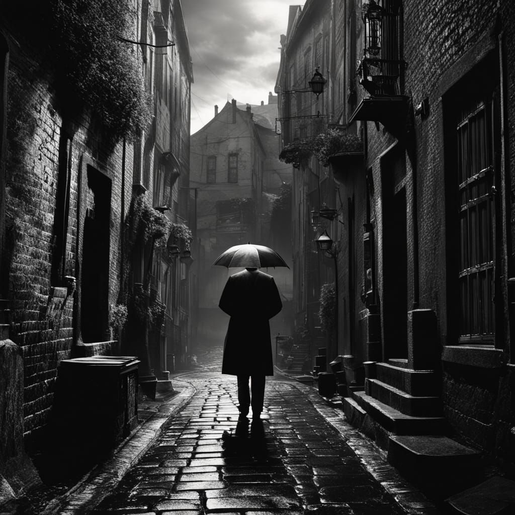 Shadowy Figure Enters Cobblestone Alley in Film Noir Style
