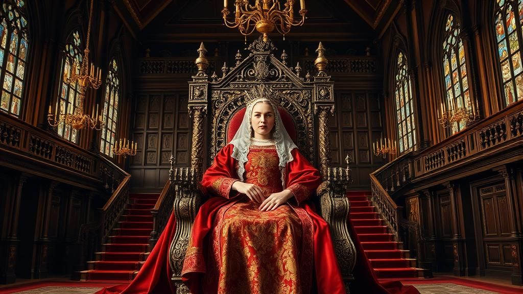 Queen Weaving Tapestry in Gothic Great Hall