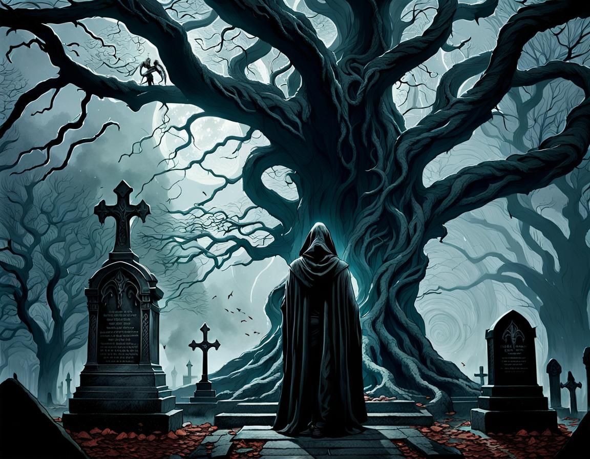 Hooded Figure at Death's Grave: Dark Fantasy Art