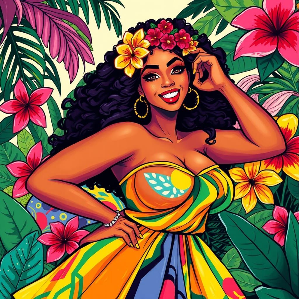 Confident Woman in a Colorful Floral Illustration