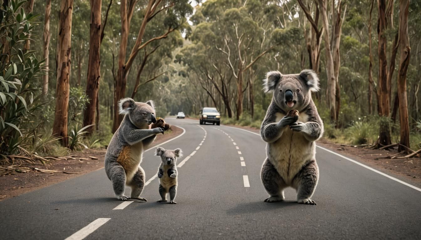 Koala Family Road Crossing: Cinematic Film Still