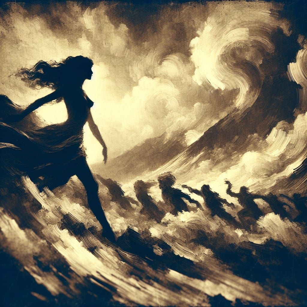 Woman Conquering Rugged Terrain in Impressionist Style