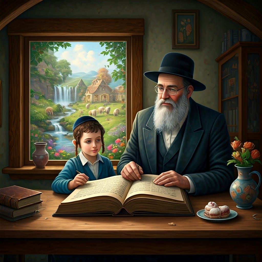 גבר יהודי חסידי בלבוש חרדי חסידי עם שטריימל,  לומד עם ילד יה...