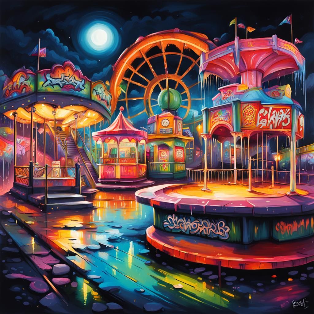 Amusement Park at Night: Graffiti Splash Art