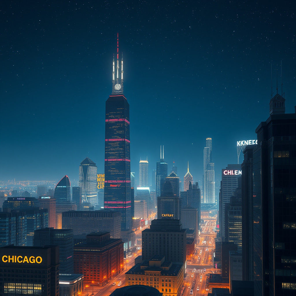 Chicago Night Skyline in Futuristic Film Noir Style