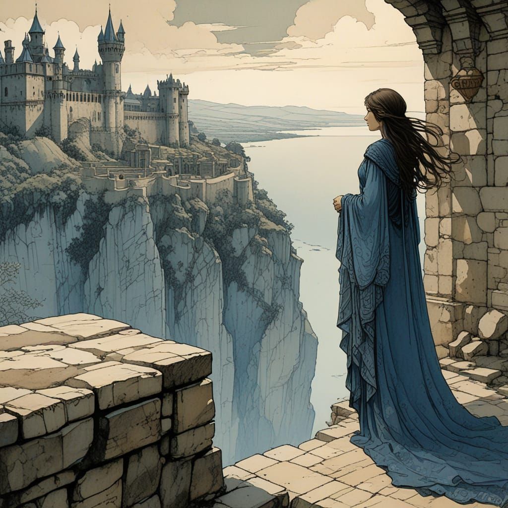 Woman on Fortress Wall: Charcoal Drawing