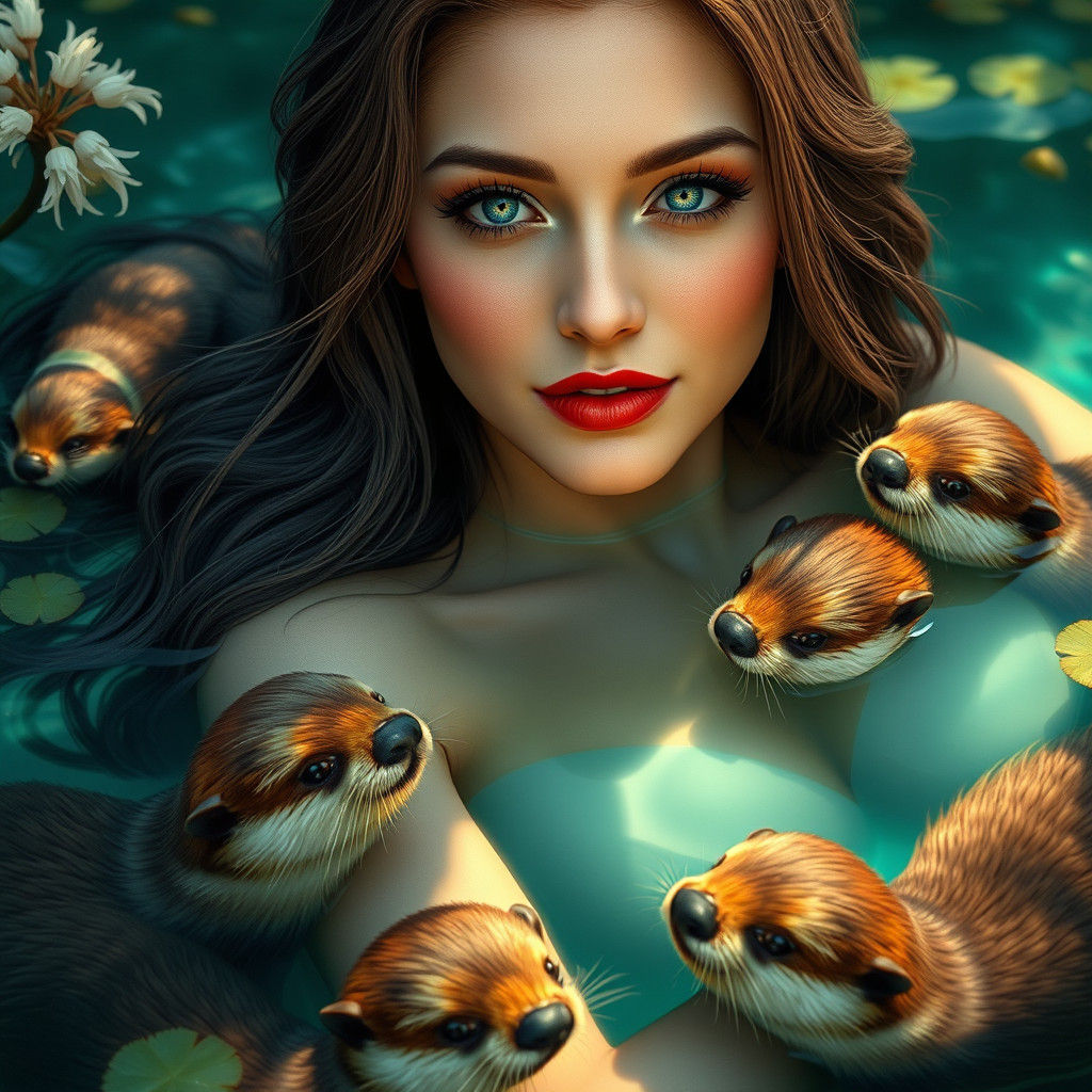 Woman with Otters in Dreamlike Pool