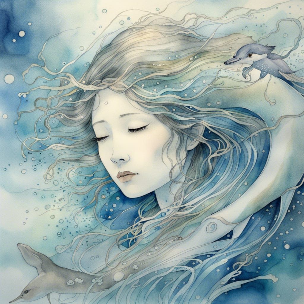 Girl on Dolphin: Yoshitaka Amano-Style Watercolour