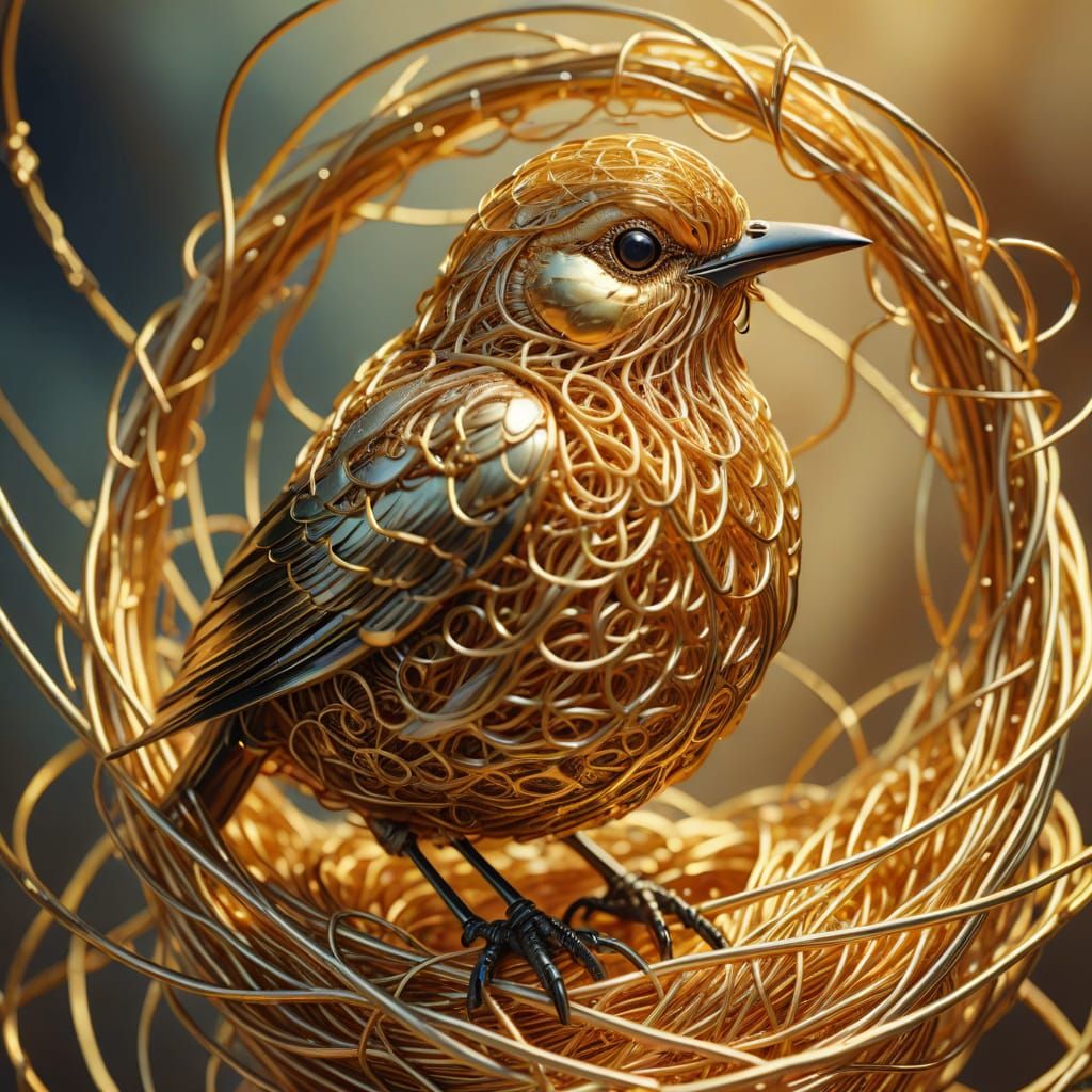 Golden Wire Bird in Twisted Nest: Surreal Digital Art