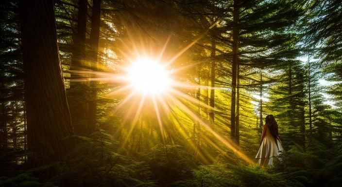 Woman Planting Sun in Warped Forest: Astrophotography