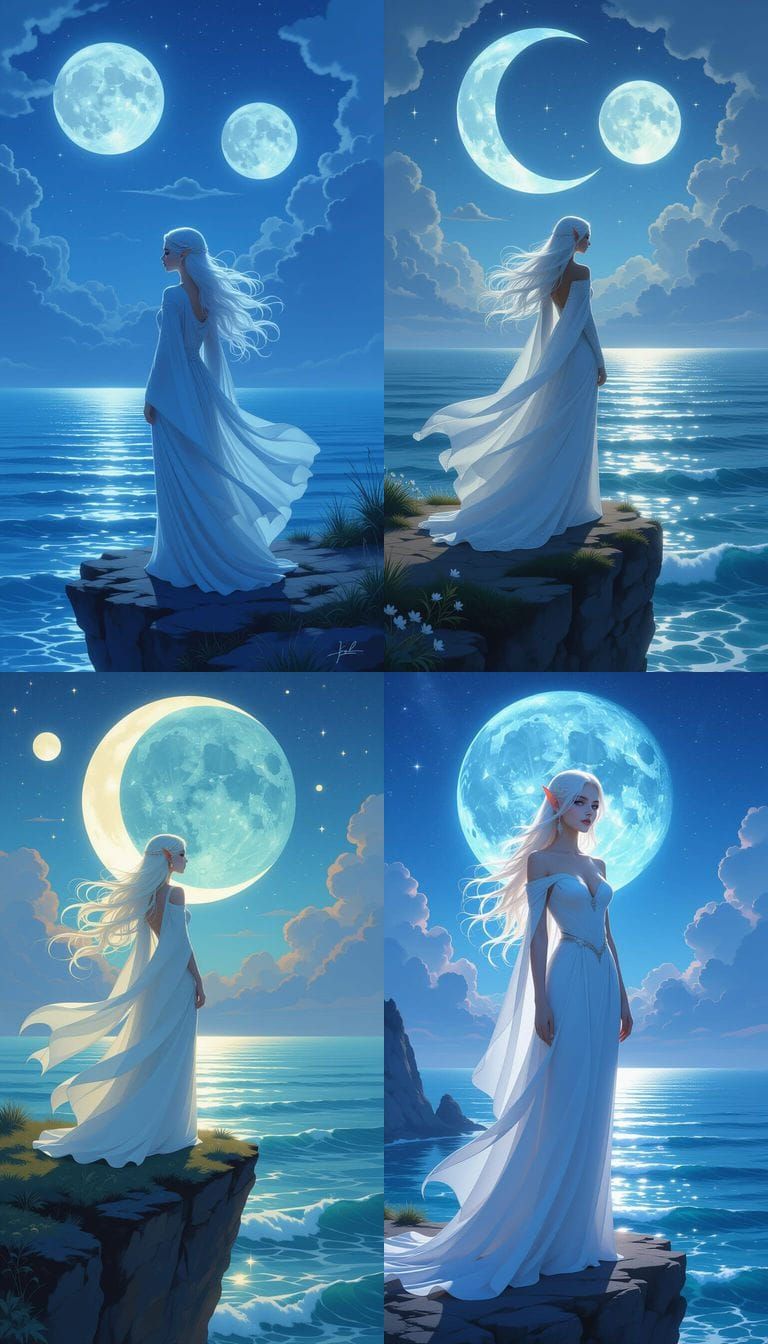 Ethereal Elf Maiden Overlooking Alien Ocean Under Twin Moons