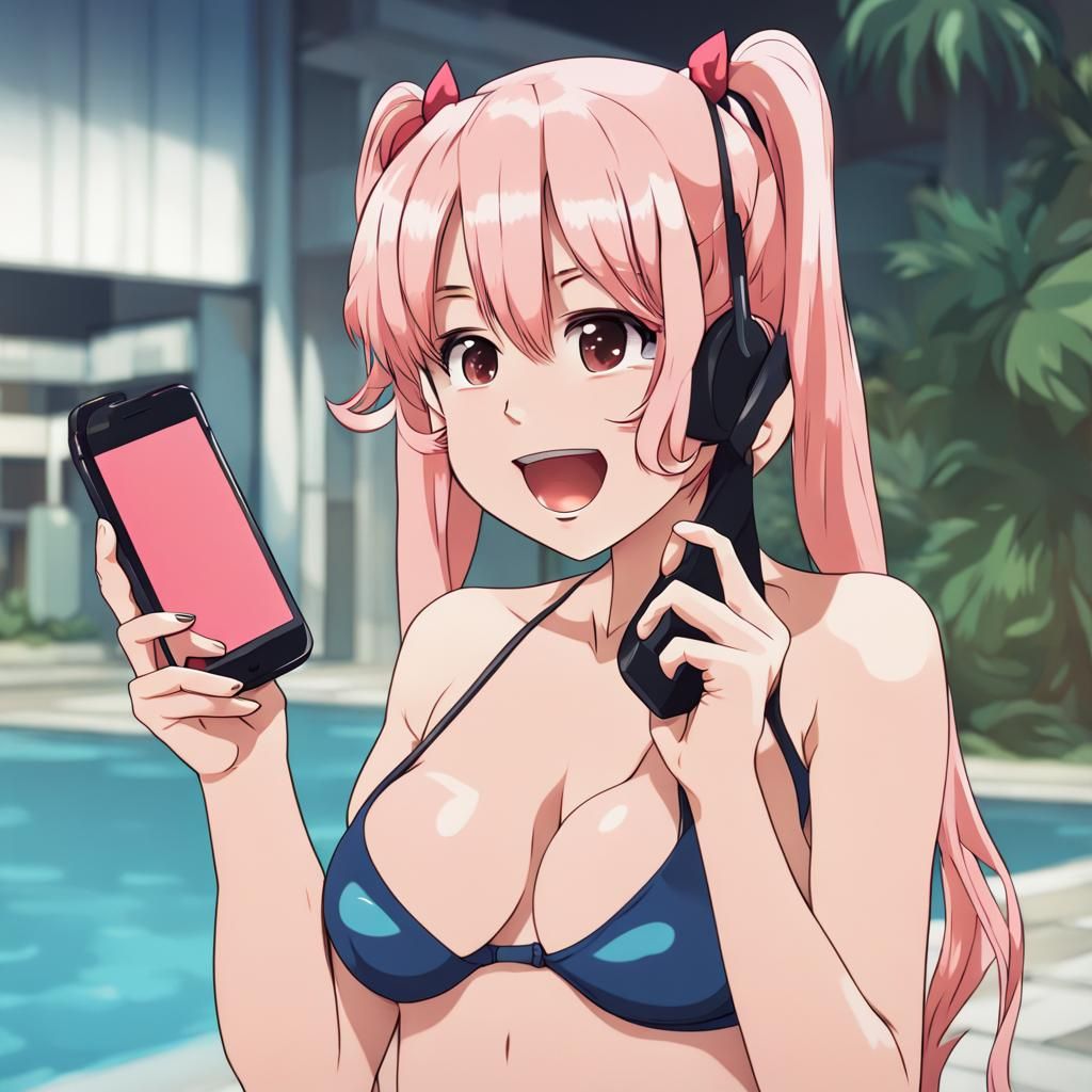 Anime Girl Blushing While Holding Phone