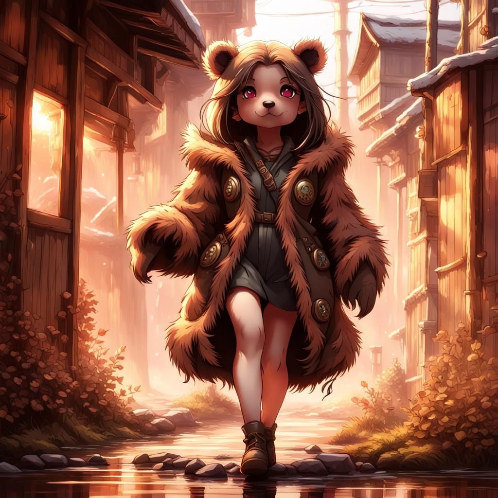 Anime Style Bear Girl in Fur Jacket