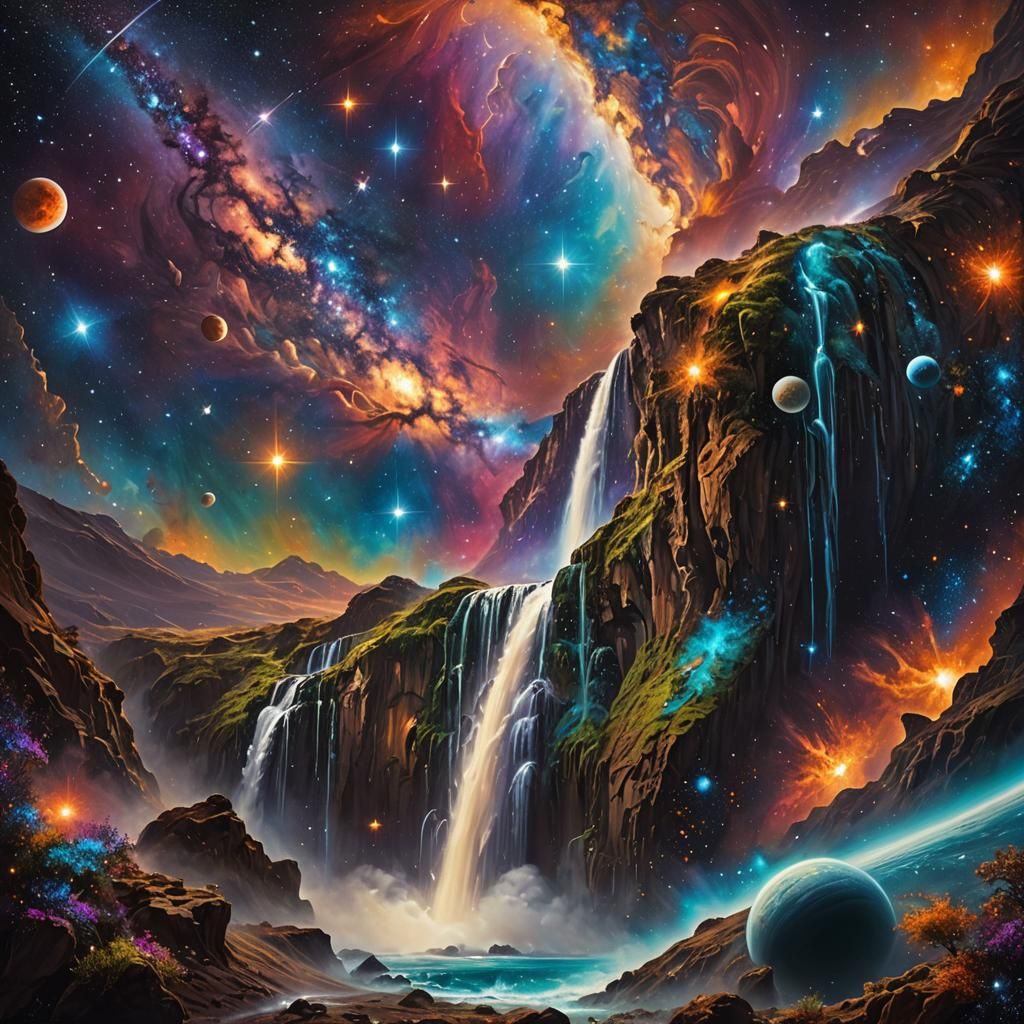 Cosmic Milky Way Waterfall: Surreal Dreamscape