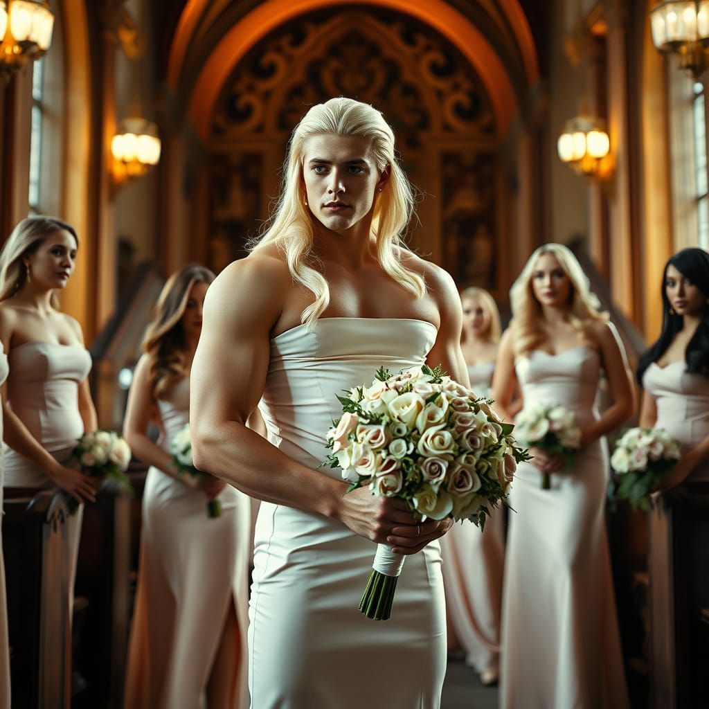 Man in Bridesmaid Dress in Church Interior