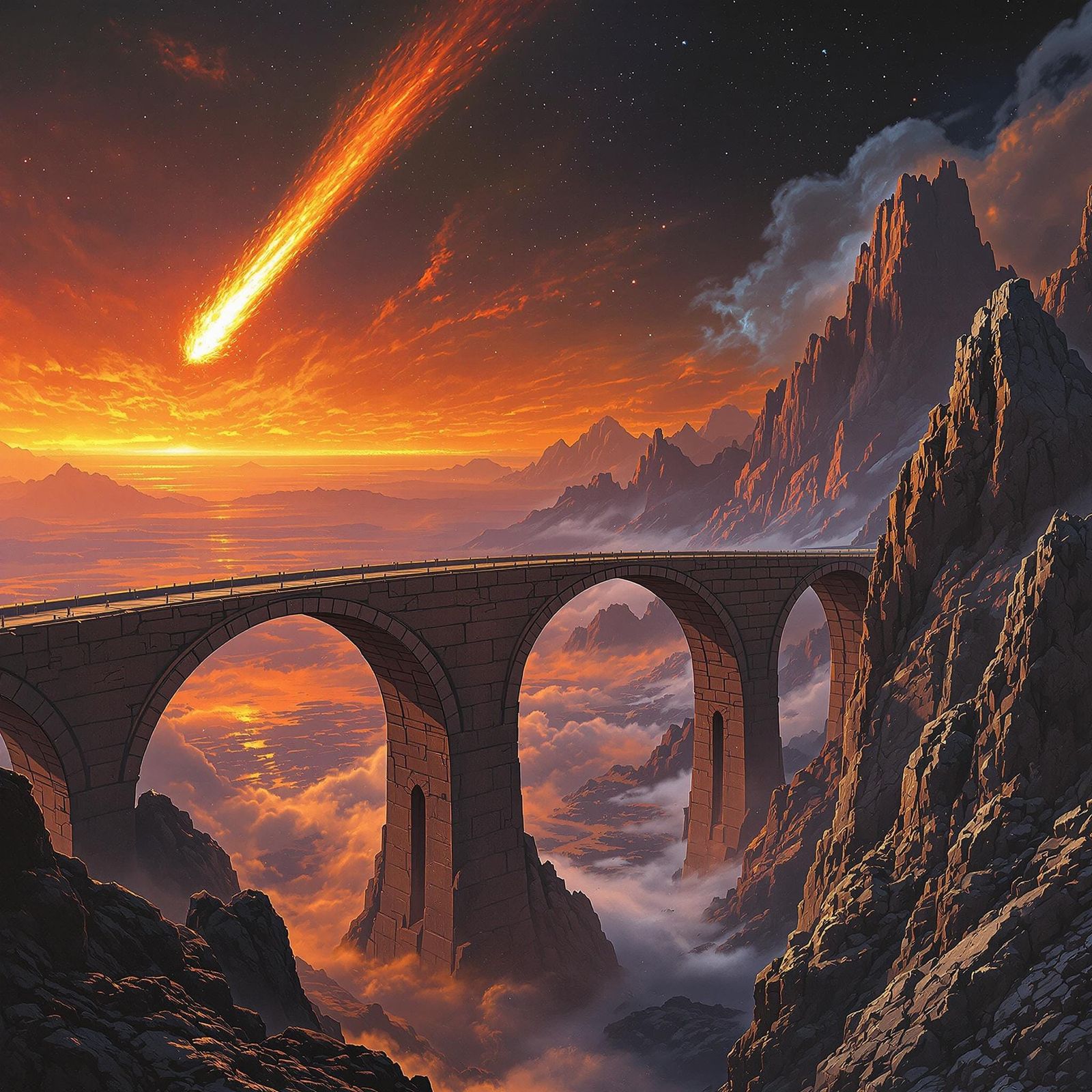Majestic Bridge Connects Rugged Mountain Ranges Under Fiery...