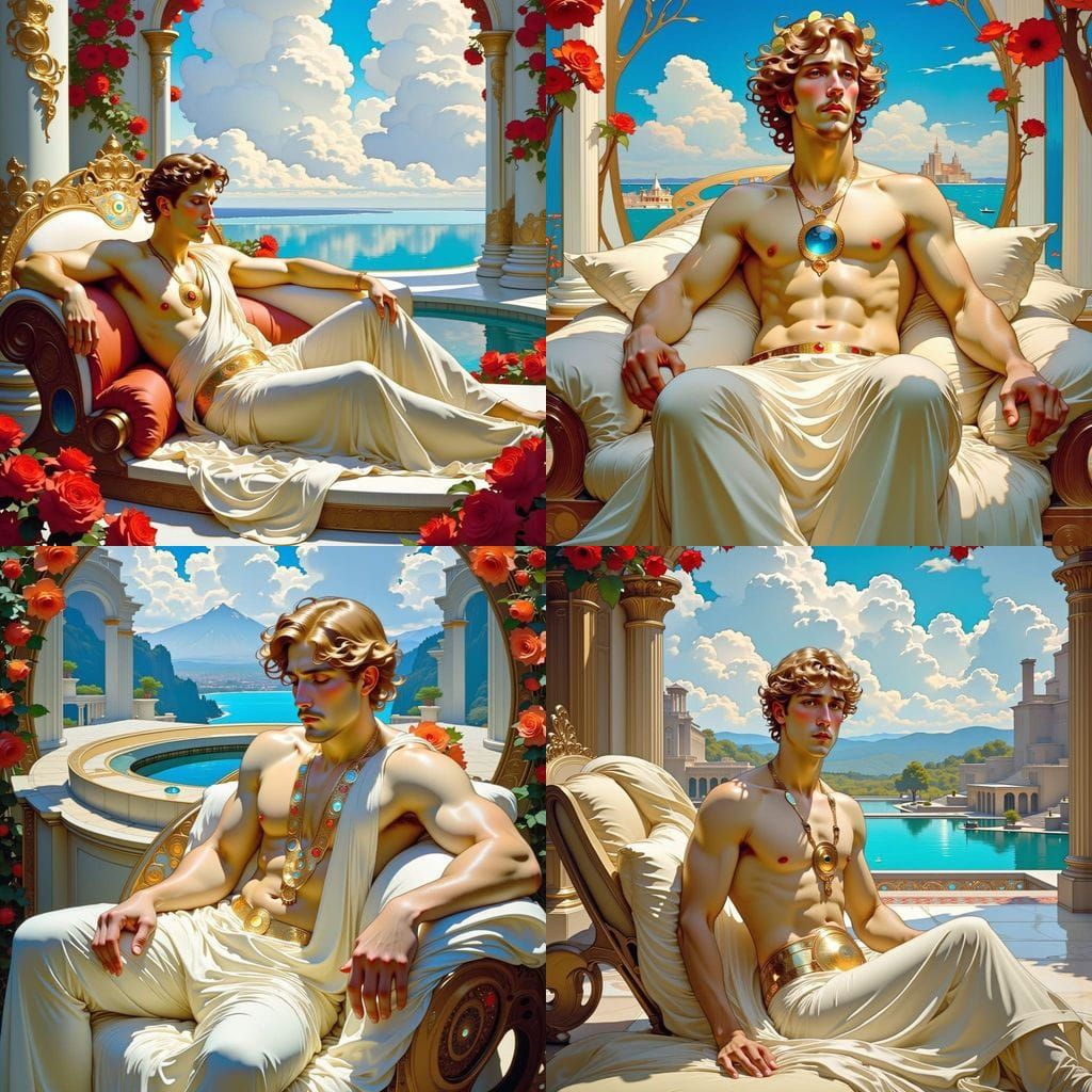 Classical Art Nouveau Apollo Relaxing in Opulent Palace