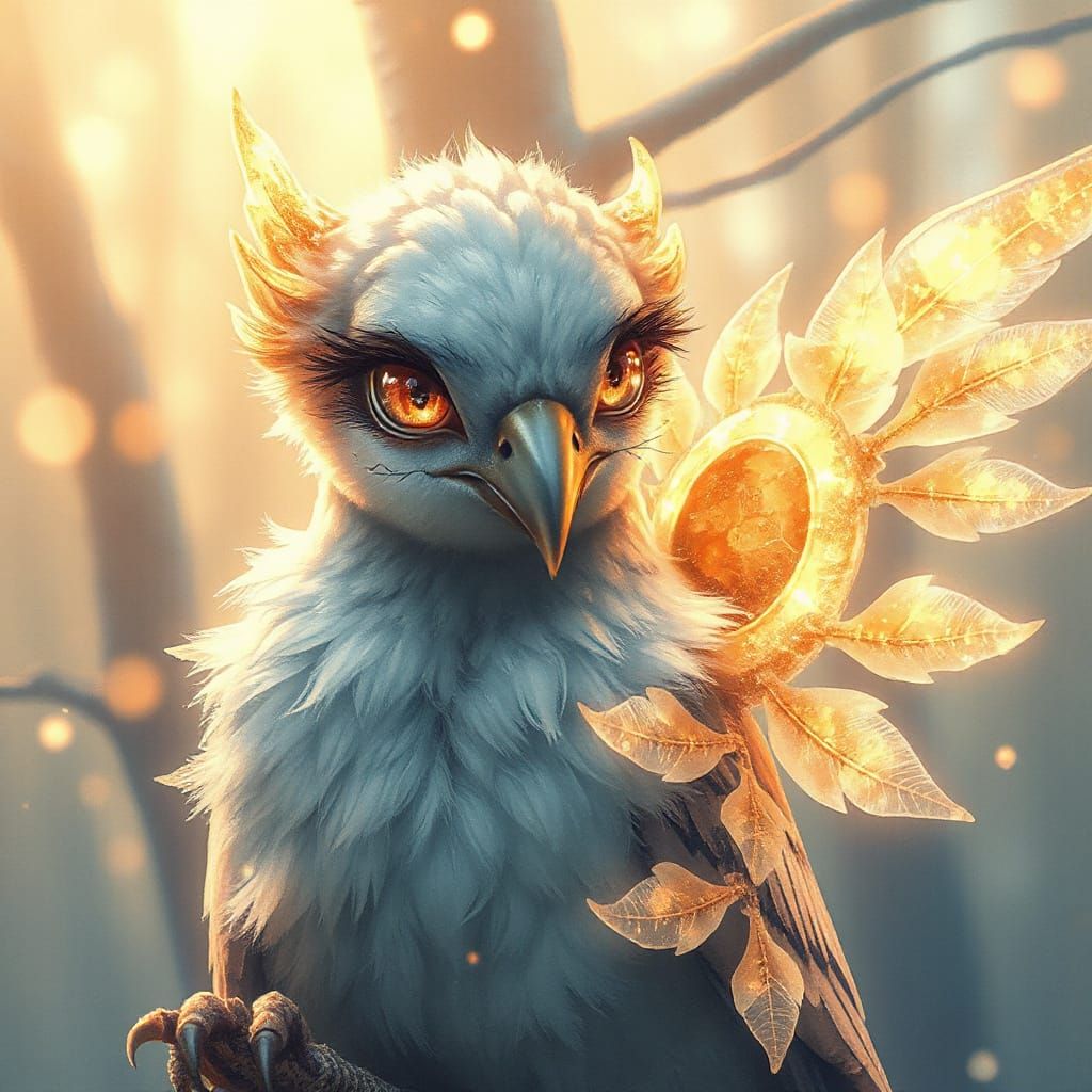 Elegant Fantasy Bird with Luminescent Wings in Dreamy Forest