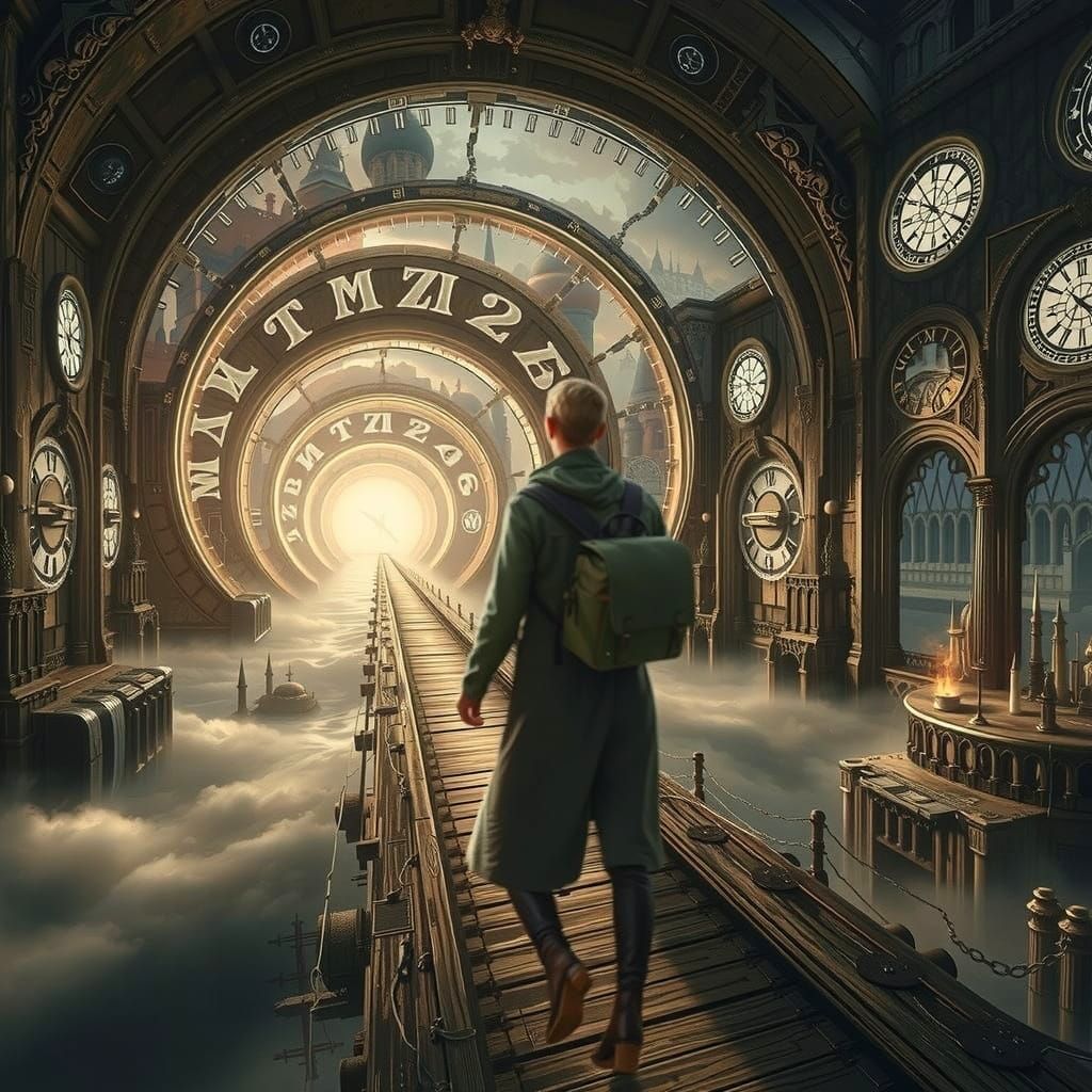 Man Embarks on a Journey from a Rickety Platform in Front of...