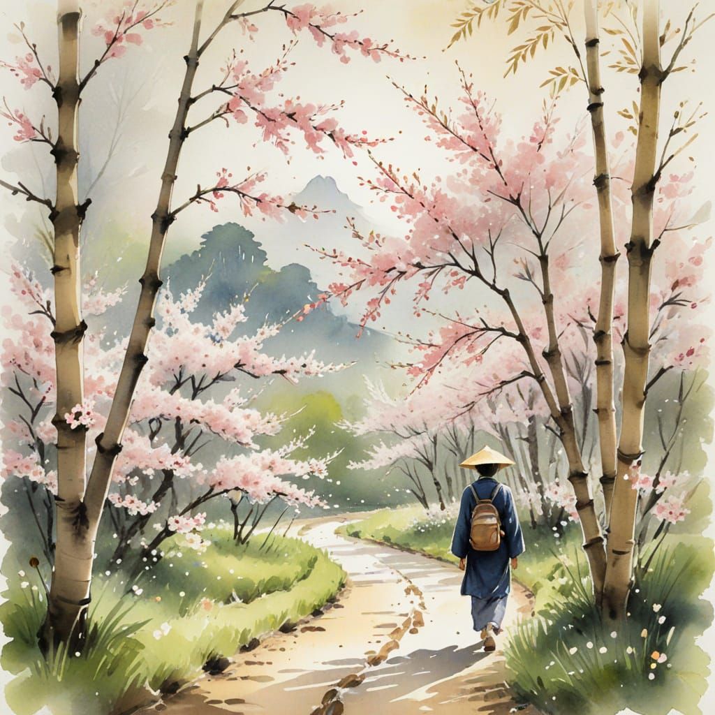 Haiku Art: Traveler in Blossoming Cherry Orchard