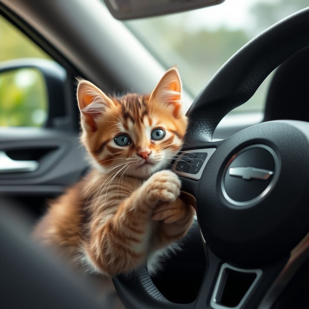 Cute Kitten Plays With Car Steering Wheel