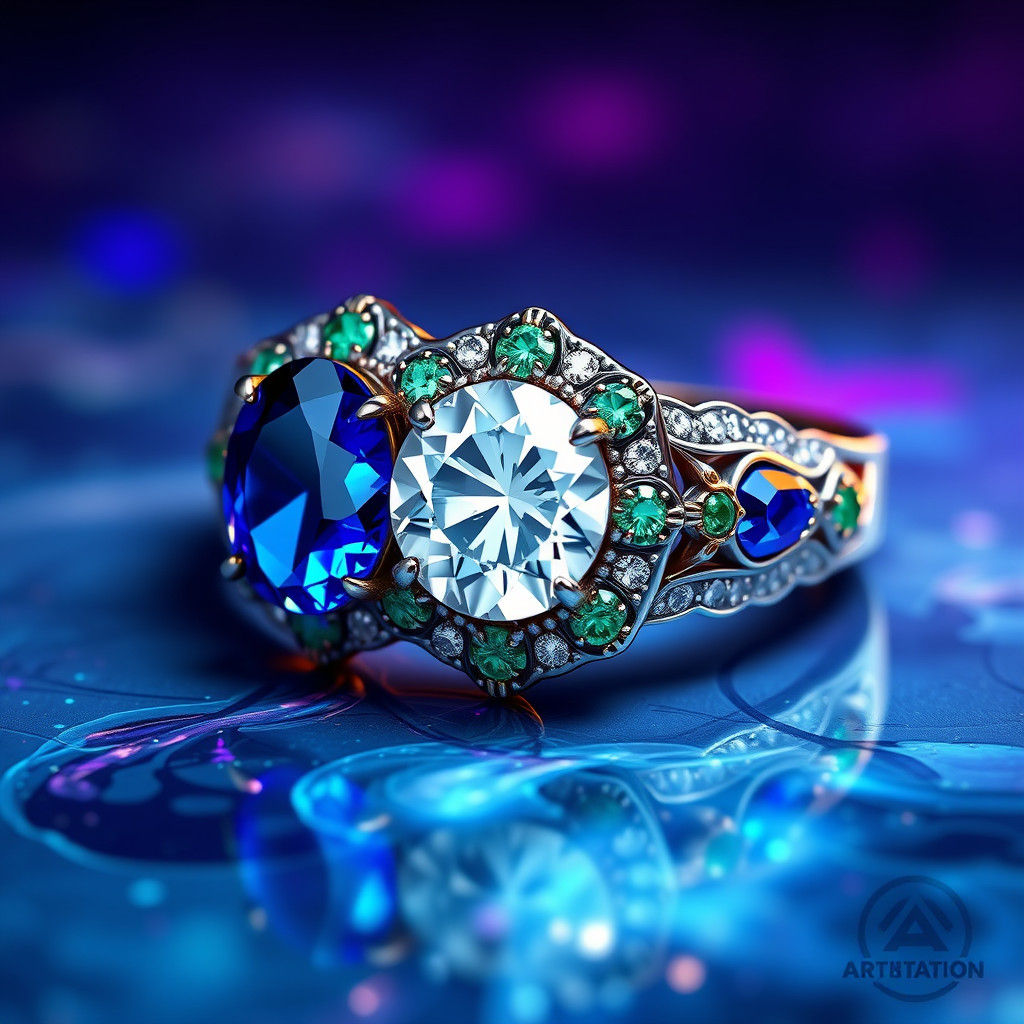 Art Deco Moissanite, Diamond & Emerald Engagement Ring