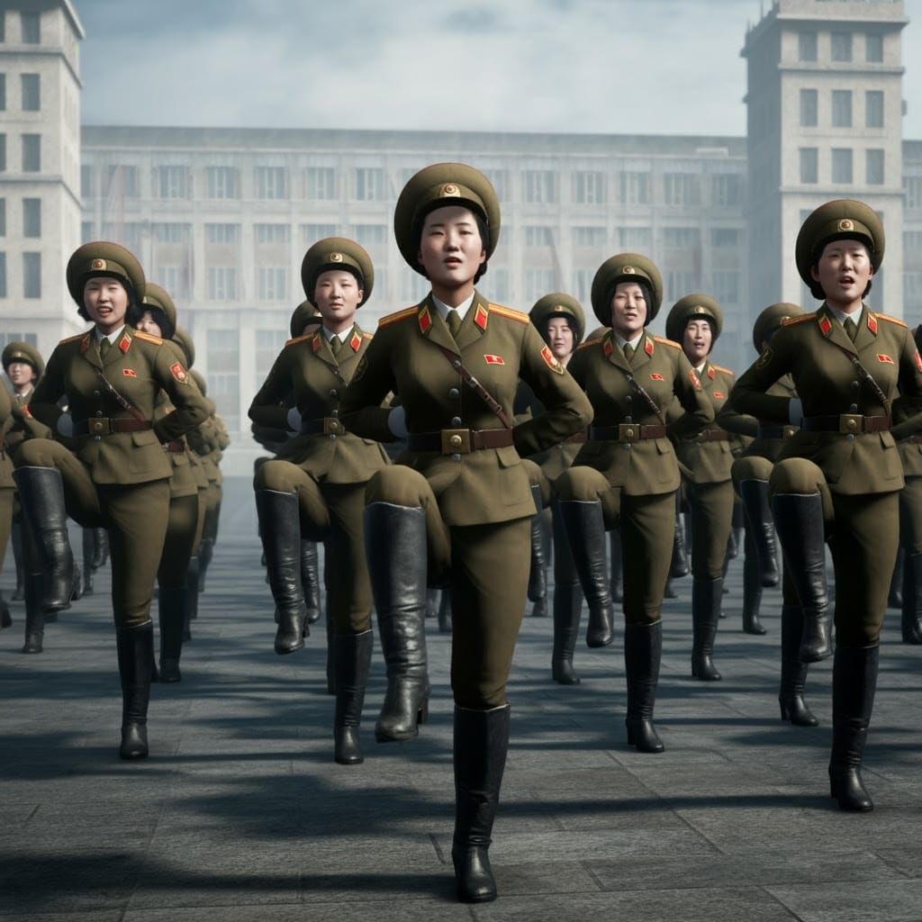 Epic North Korean Female Soldiers in Black Leather Boots Par...