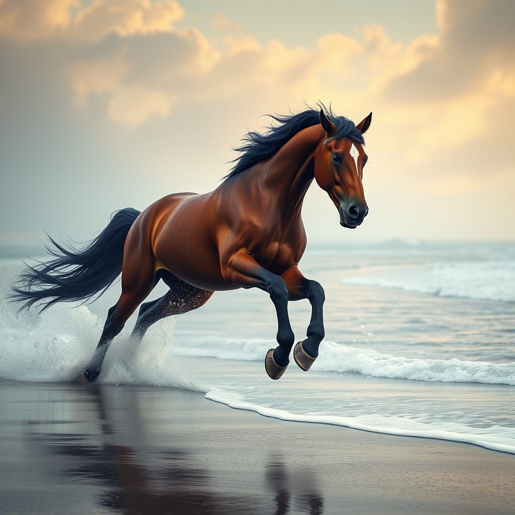 Majestic Chestnut Horse Gallops on Misty Beach Shoreline in ...