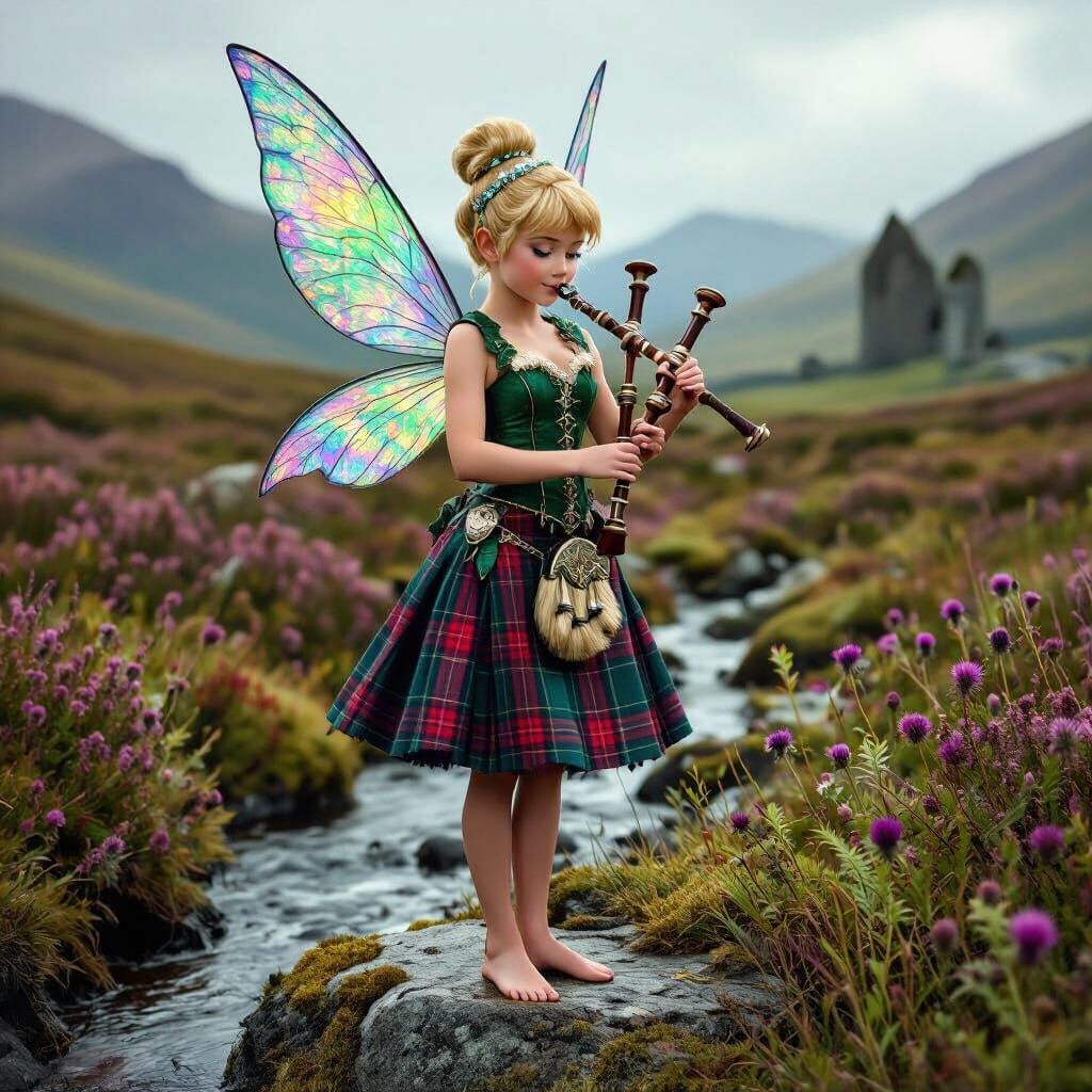 Tinkerbell in Scottish Highland Dress with Bagpipes