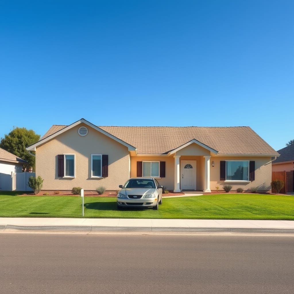 Photorealistic Average Suburban House Under Blue Sky