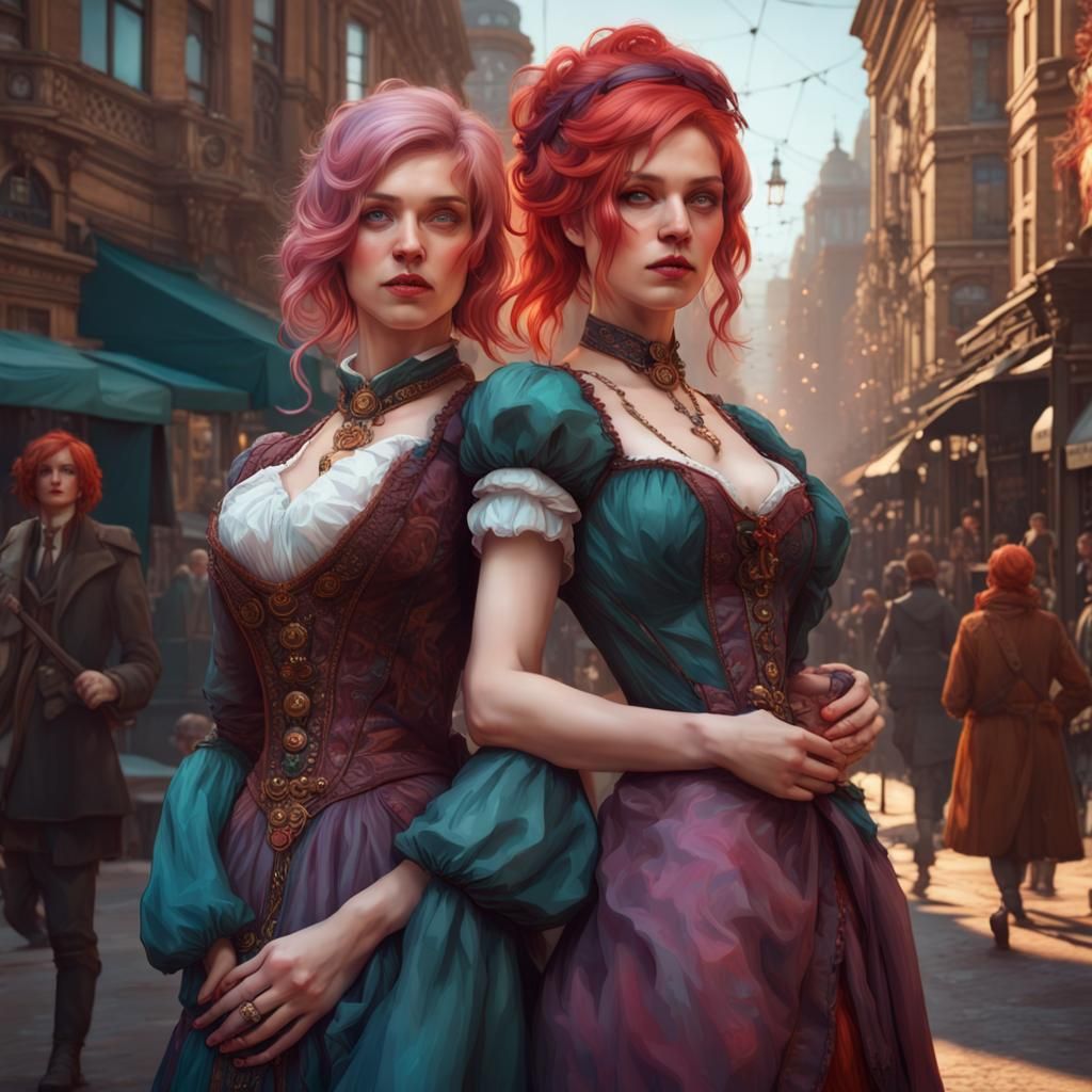 Victorian Women Posing in Hyperdetailed Street Scene