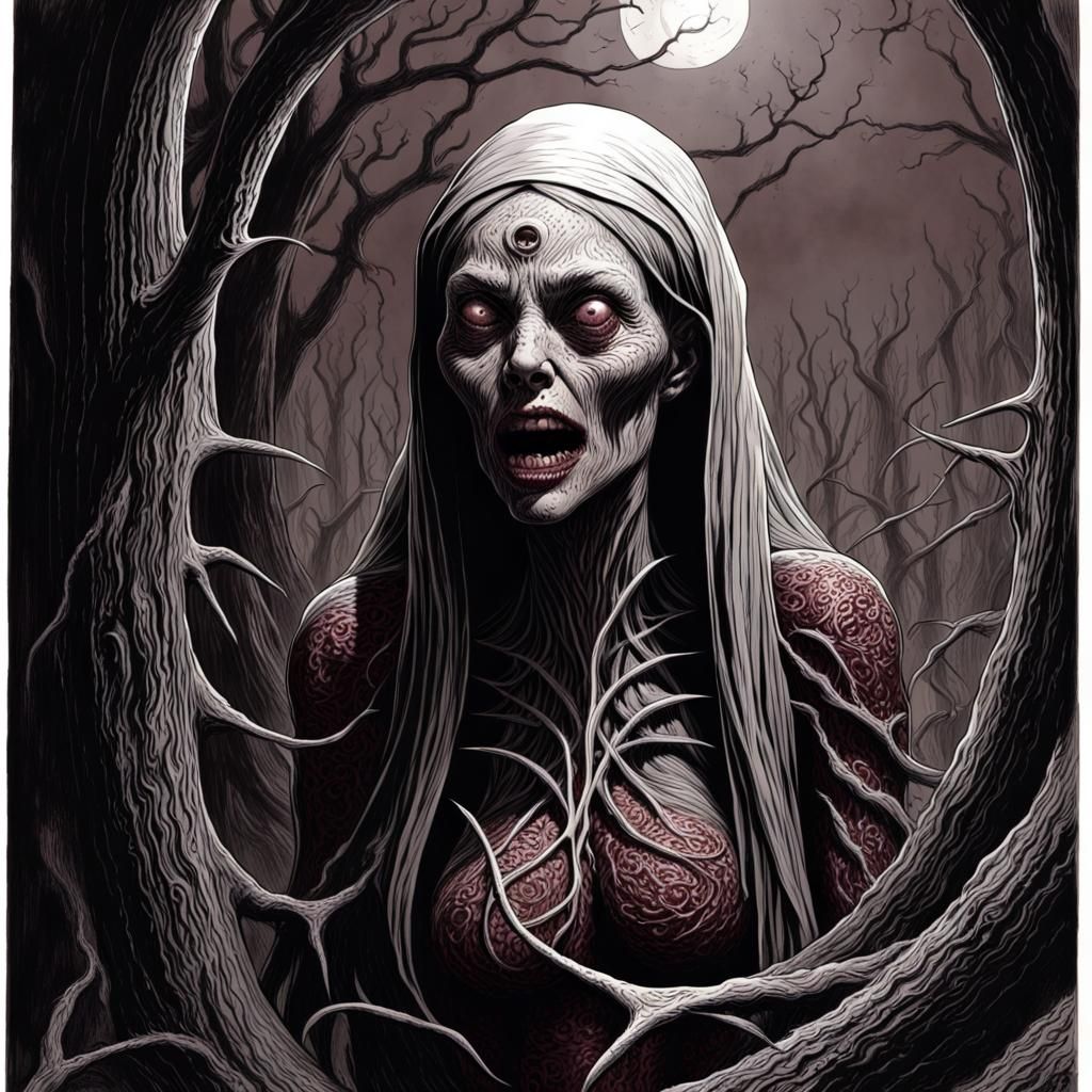 Alien Hag Lamprey Woman in Woodcarving Lithograph Style