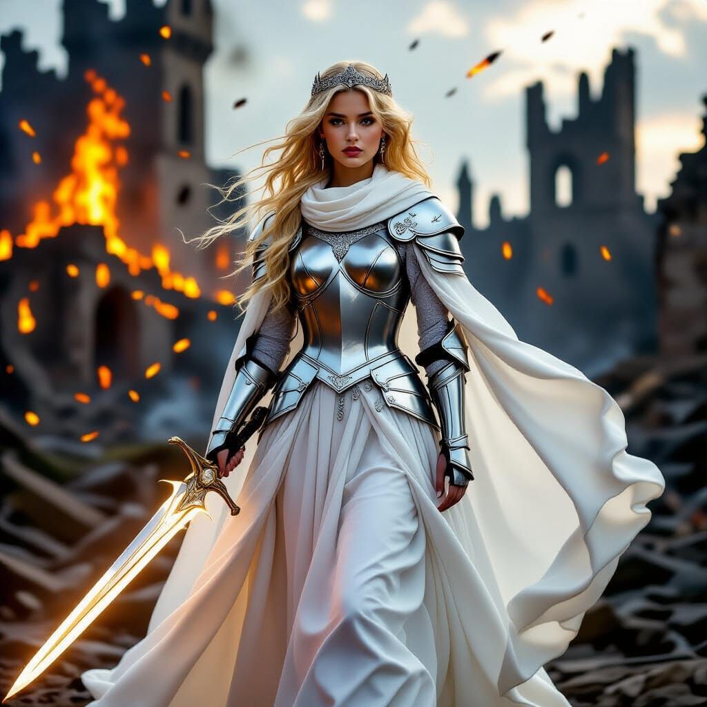 Blonde Princess in Silver Armor Before Burning Castle