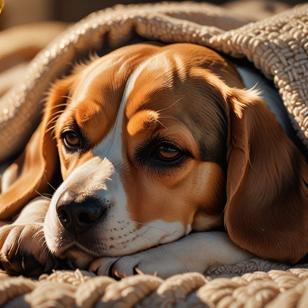 Surreal Portrait of a Relaxed Beagle in Warm Golden Light