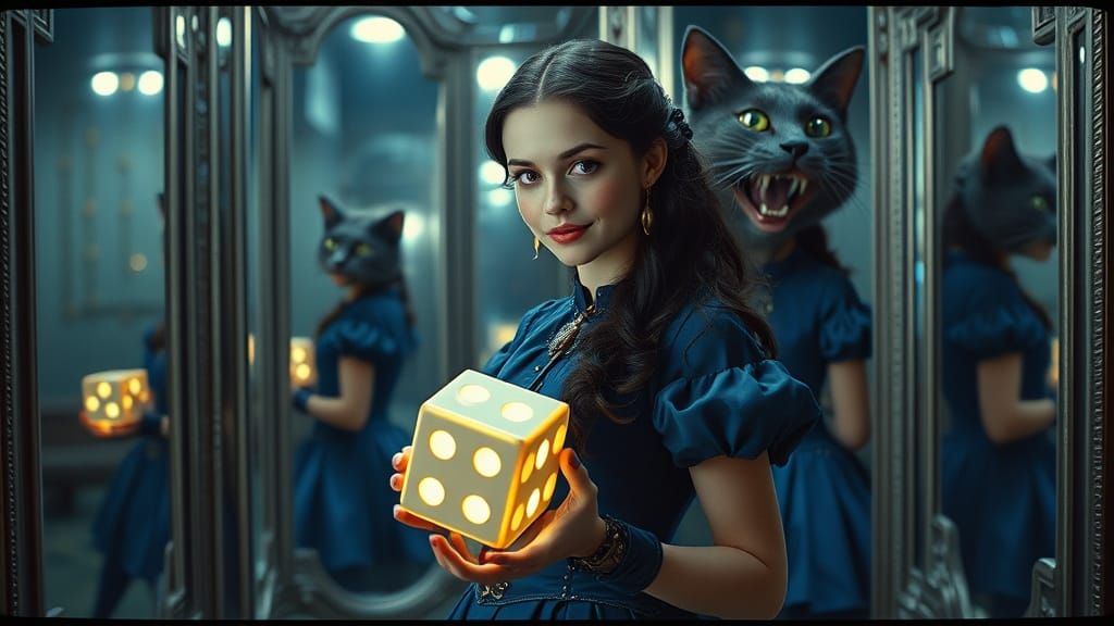 Steampunk Alice in Hall of Mirrors with Cheshire Cat