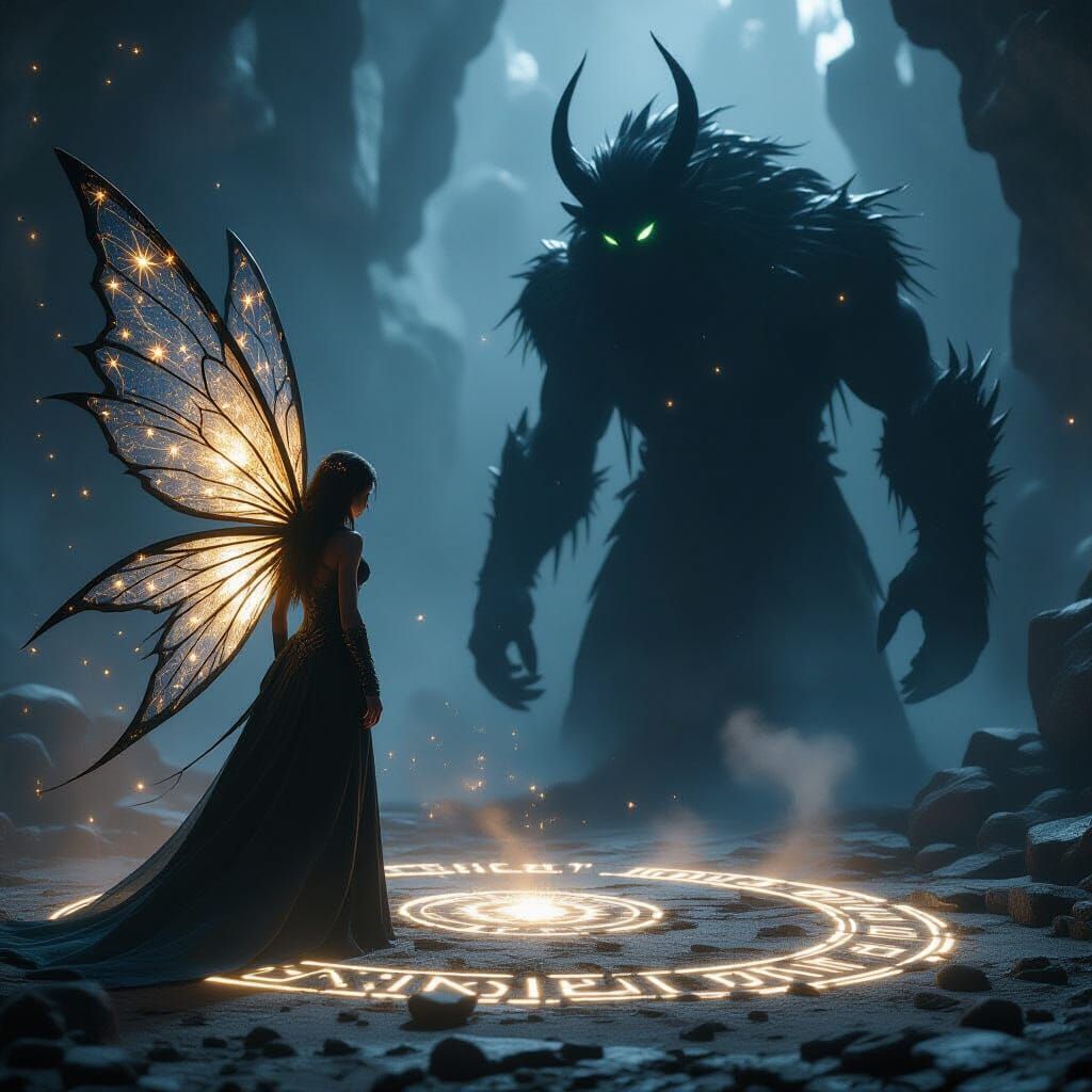 Fairy Confronts Shadow Creature with Glowing Runes