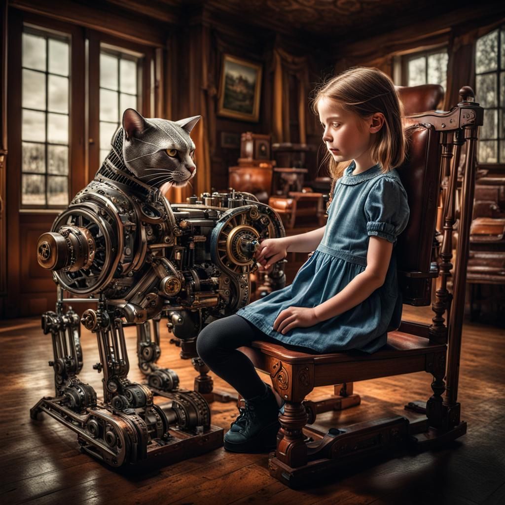 Girl with Mechanical Cat in Hyperrealistic Style
