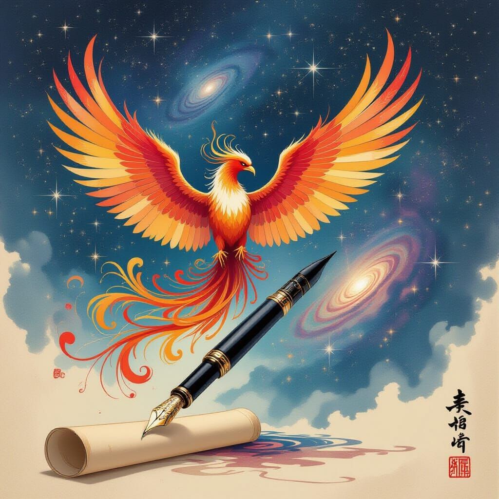 Phoenix Ascends from Quill into Cosmic Nebula