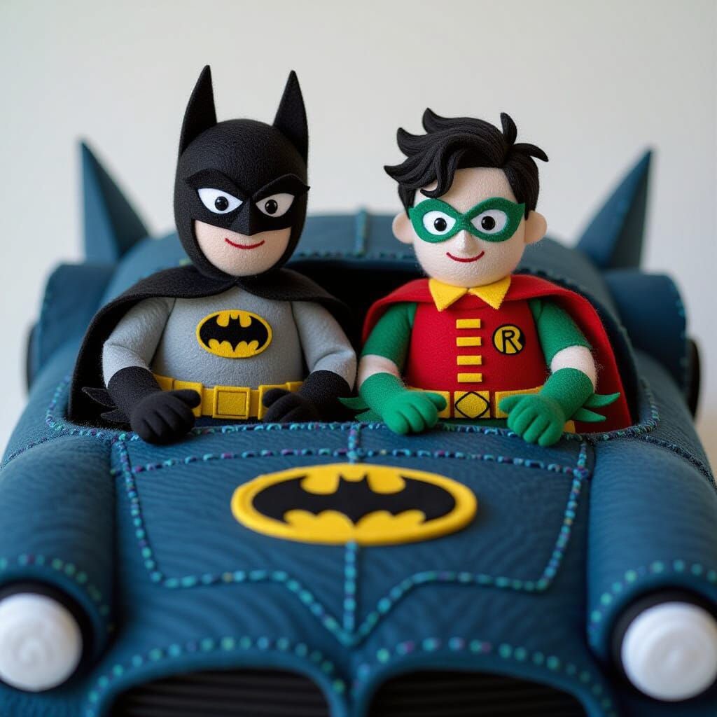 Batman and Robin in Felt Batmobile, Folk Art Style